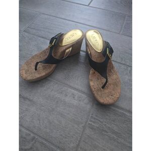 Women's Lauren Ralph Lauren Oralee Wedge Sandal Black Leather and Cork‎ Size 7.5